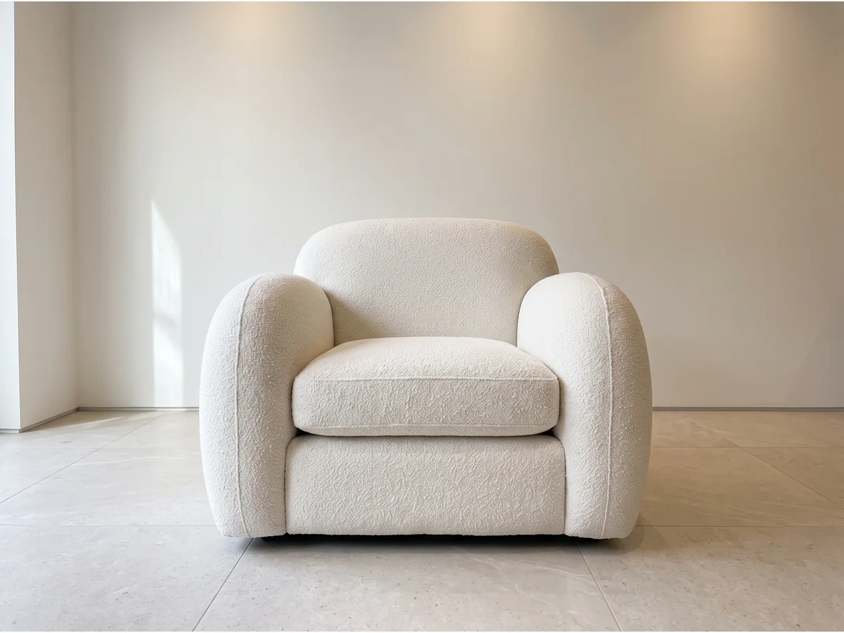 Sillón Individual Bouclé Redondeado en vista frontal, fabricado en La Plata