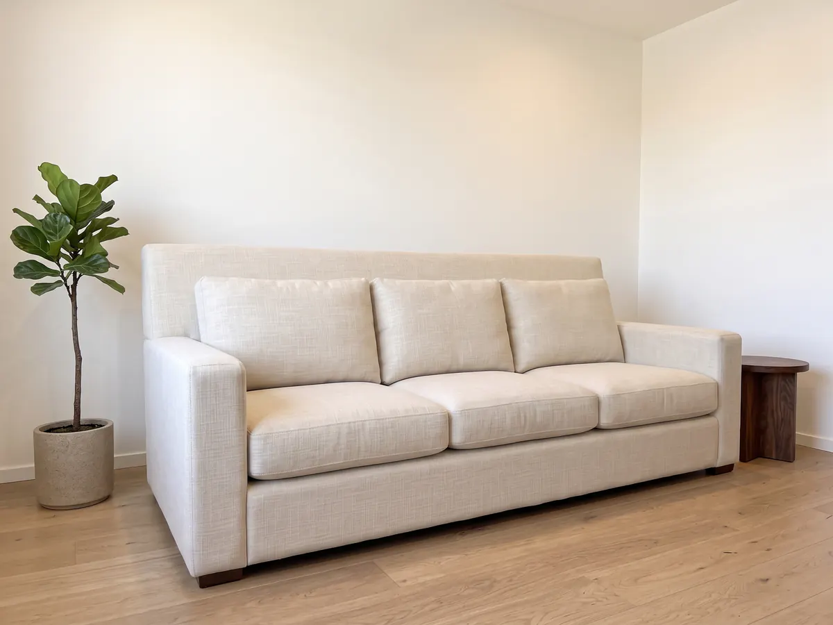 Sillón de 3 cuerpos de lino crudo en el showroom
